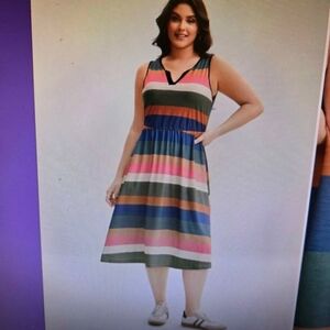 BloomChic Striped Sleeveless Midi Dress in Green, Pink, Blue